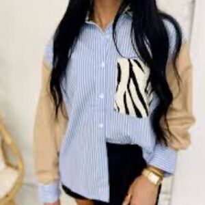 Entro Blue Striped Shirt with Beige and Zebra Accents